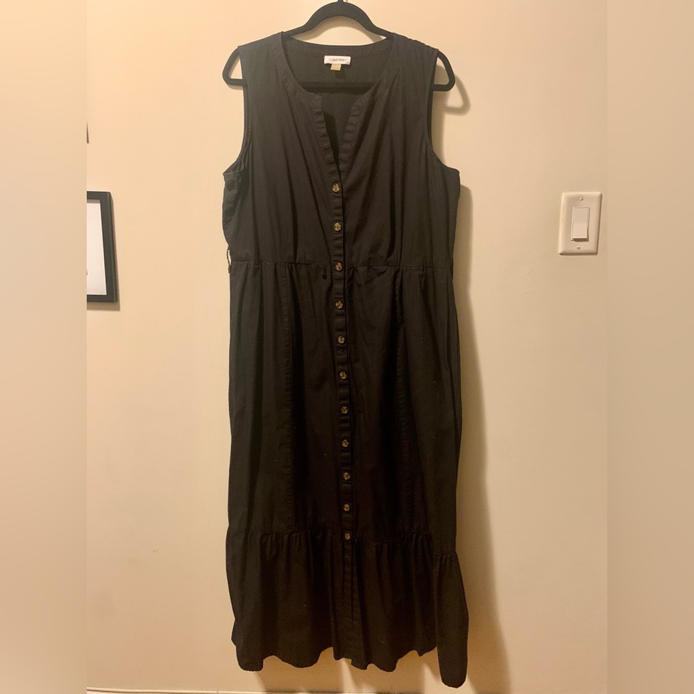 Calvin Klein Black Tiered Button Down Midi Dress | Size 14